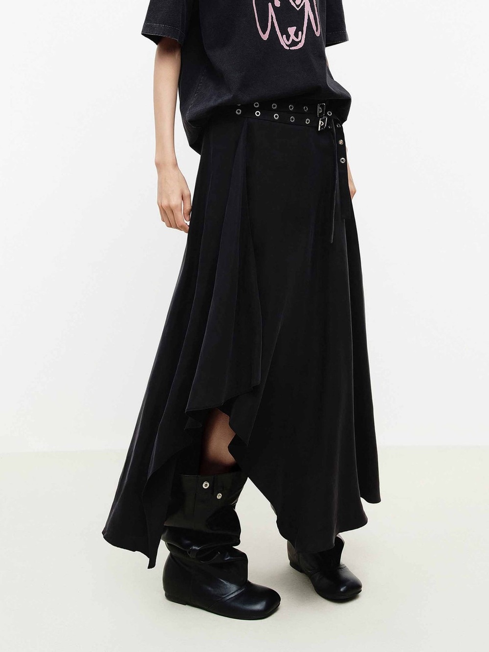 MO&Co. Asymmetrical Midi Flowy Skirt Black Cupro Blend M - Picture 5 of 10